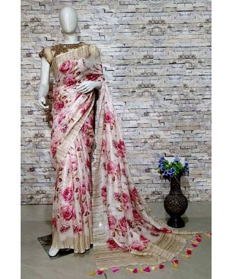 Pink Floral Print Linen Saree 1