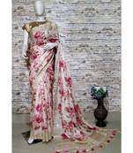 Pink Floral Print Linen Saree
