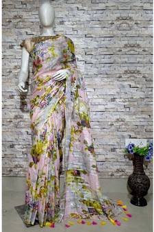 Multicolor Floral Print Linen Saree