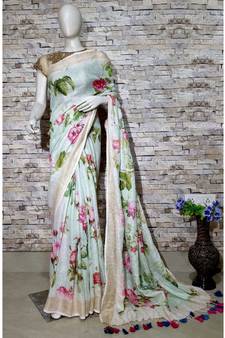 White Floral Print Linen Saree