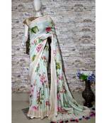 White Floral Print Linen Saree