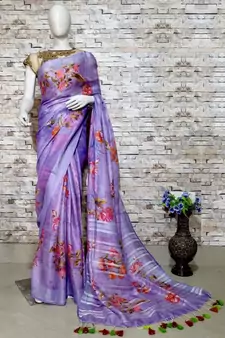 Purple Floral Print Linen Saree