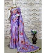 Purple Floral Print Linen Saree