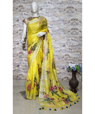 Yellow Floral Print Linen Saree 1