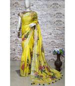 Yellow Floral Print Linen Saree