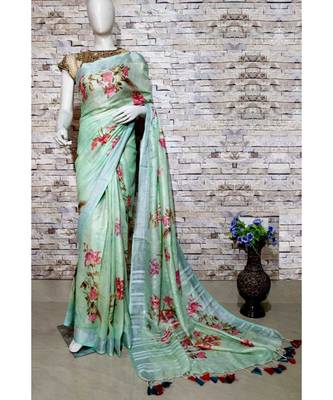Green Floral Print Linen Saree 1