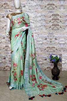 Green Floral Print Linen Saree