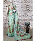 Green Floral Print Linen Saree