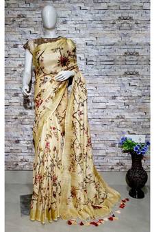 Multicolor Floral Print Linen Saree
