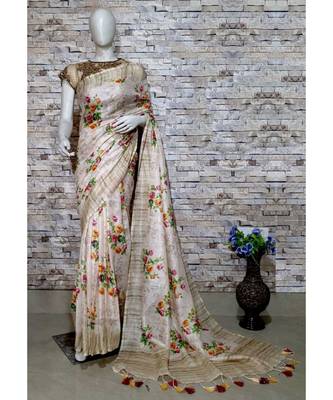Multicolor Floral Print Linen Saree 1