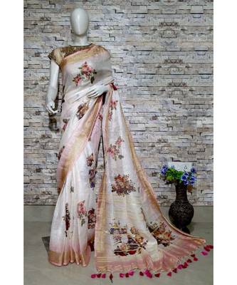Multicolor Floral Print Linen Saree 1