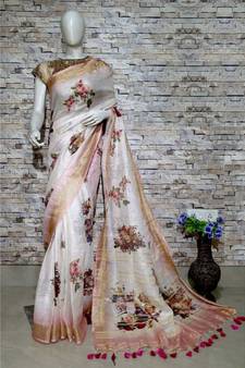 Multicolor Floral Print Linen Saree