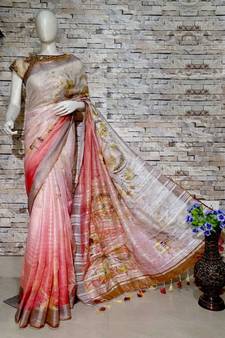 Multicolor Floral Print Linen Saree