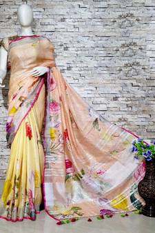 Multicolor Floral Print Linen Saree