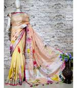 Multicolor Floral Print Linen Saree
