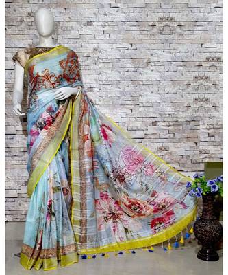 Turquoise Floral Print Linen Saree 1