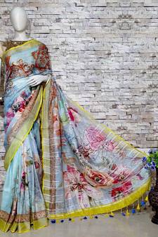 Turquoise Floral Print Linen Saree