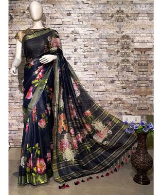 Black Floral Print Linen Saree 1