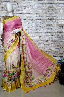 Pink Floral Print Linen Saree
