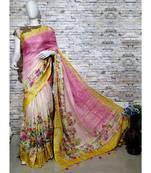 Pink Floral Print Linen Saree