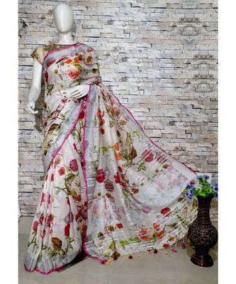 White Floral Print Linen Saree 1