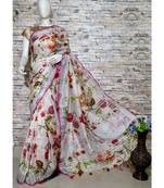 White Floral Print Linen Saree