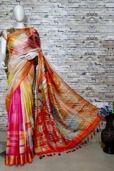 Multicolor Floral Print Linen Saree