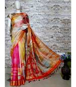 Multicolor Floral Print Linen Saree
