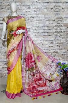 Multicolor Floral Print Linen Saree