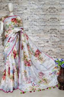 Multicolor Floral Print Linen Saree