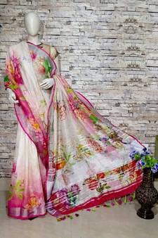 Multicolor Floral Print Linen Saree