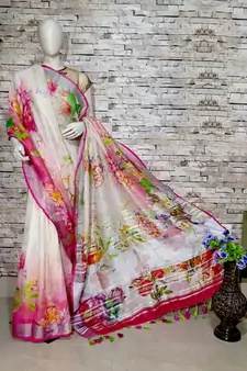 Multicolor Floral Print Linen Saree