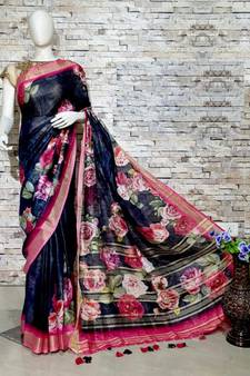 Black Floral Print Linen Saree