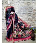 Black Floral Print Linen Saree