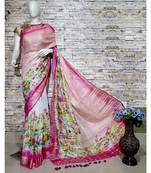 Pink Floral Print Linen Saree