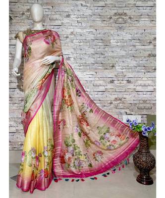 Multicolor Floral Print Linen Saree 1