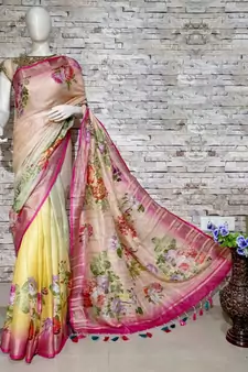 Multicolor Floral Print Linen Saree