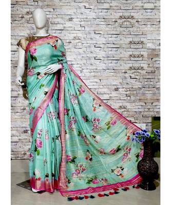 Turquoise Floral Print Linen Saree 1