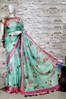 Turquoise Floral Print Linen Saree