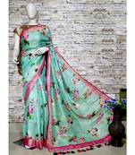 Turquoise Floral Print Linen Saree