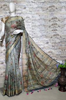 Grey Floral Print Linen Saree