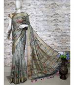Grey Floral Print Linen Saree