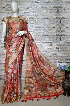 Orange Floral Print Linen Saree