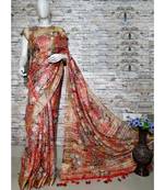 Orange Floral Print Linen Saree