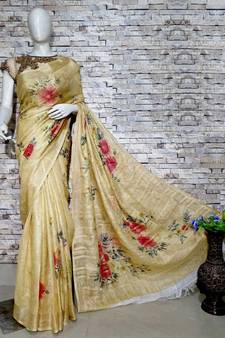Gold Floral Print Linen Saree