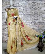 Gold Floral Print Linen Saree