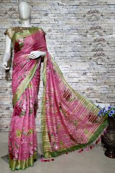 Pink Floral Print Linen Saree