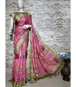 Pink Floral Print Linen Saree