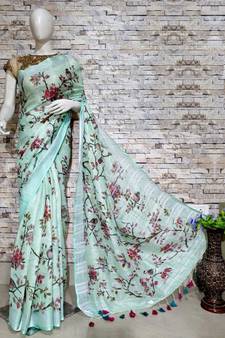 Turquoise Floral Print Linen Saree