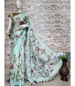 Turquoise Floral Print Linen Saree